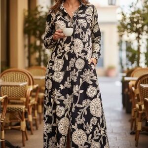 Navy blue Floral Button-Front Maxi Shirt Dress